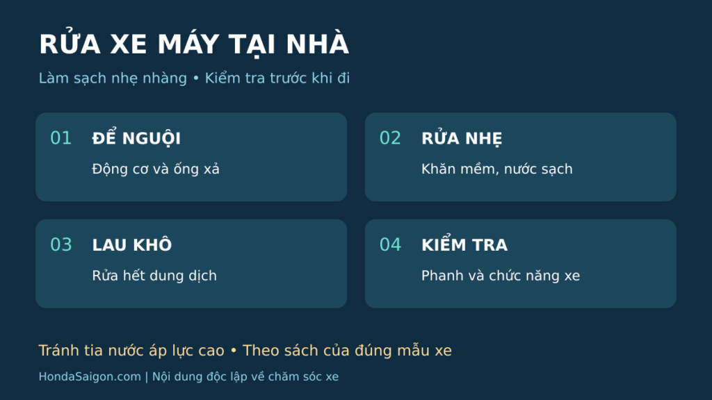 Sơ đồ rửa xe máy tại nhà: đo vòng đầu, thử độ ôm và kiểm tra quai giữ.